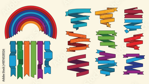Colorful rainbow and ribbon graphics in a bright playful arrangement