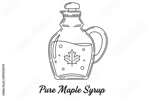 Pure maple syrup in glass bottle with maple leaf design for pancake day and natural food