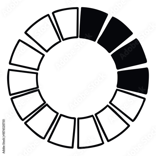 Dynamic segmented circle with alternating black and white sections representing a progress loading indicator for user interface elements and data visualization presentations