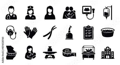 Professional medical and maternity care icons featuring healthcare staff, diagnostic equipment, and newborn essentials, ideal for illustrating hospital, clinic, and prenatal topics.