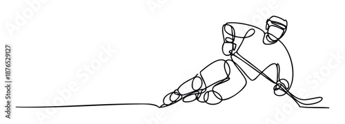 Dynamic continuous line drawing of an ice hockey player aggressively skating and shooting, perfect for sports event promotions, athletic apparel advertising, and modern graphic design
