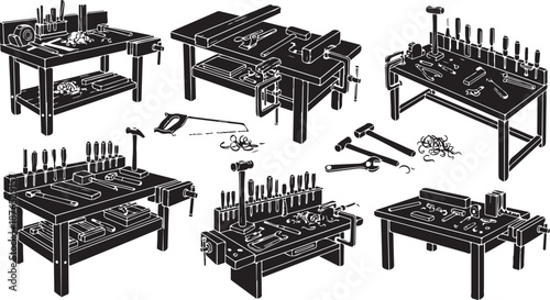 Various Workbenches with Tools and Equipment for Different Tasks