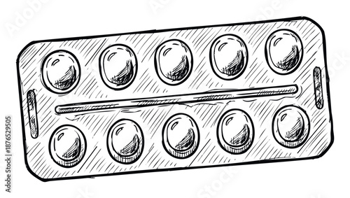 Engraved style illustration of a pill packet or medication dispenser featuring multiple dosage units, ideal for pharmacy visuals or healthcare campaign imagery