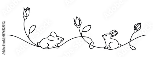 Simple black line drawing of a charming mouse and a cute bunny interacting among stylized flower buds on a delicate winding vine, perfect for childrens books, greeting cards, or decorative