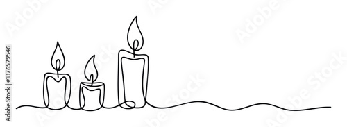 Minimalist continuous line drawing of three burning candles with flickering flames, ideal for conveying peace, remembrance, hope, or celebration in various graphic materials