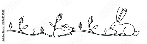 Black line drawing featuring a mouse and a rabbit on a decorative plant vine with leaves and flower buds, ideal for childrens books, spring themes, educational content, and graphic border
