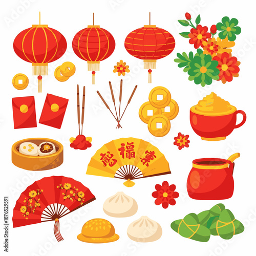 Flat lay illustration of various traditional Chinese New Year decorations and foods on a white background with vibrant red and gold tones.