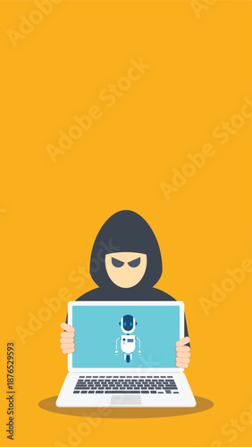 hooded figure using ai robot laptop symbolizing artificial intelligence in cybersecurity, hacking, and data threats	