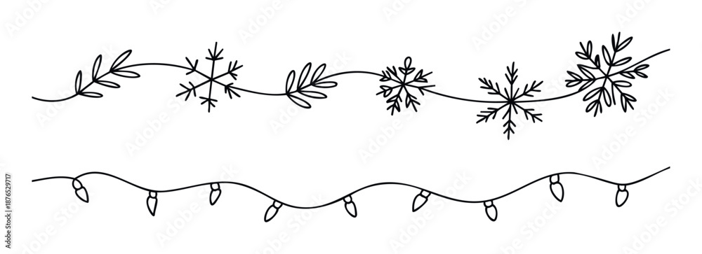 Fototapeta premium Elegant hand drawn winter borders featuring a whimsical garland with snowflakes and leaves paired with a charming string of illuminated light bulbs, ideal for festive greetings and seasonal
