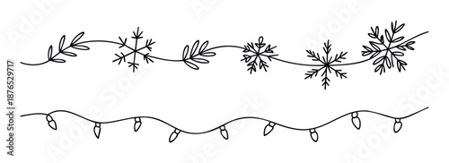 Elegant hand drawn winter borders featuring a whimsical garland with snowflakes and leaves paired with a charming string of illuminated light bulbs, ideal for festive greetings and seasonal