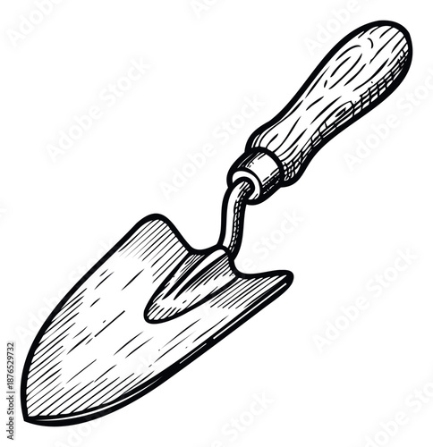Black and white hand drawn garden trowel with a classic wooden handle and metal blade, perfect for horticultural projects, landscaping themes, and home garden publications.