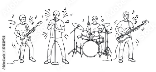 Dynamic band performance line drawing featuring male musicians playing electric guitar, drums, bass, and singing, perfect for musicrelated projects or entertainment industry promotions