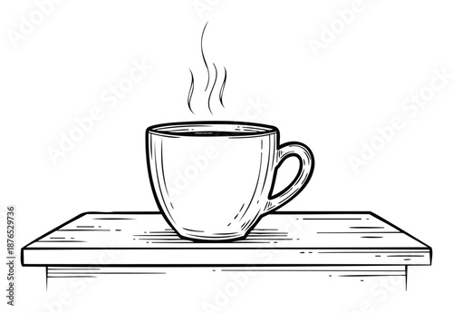 Hand drawn sketch of a steaming hot cup of coffee or tea sitting on a wooden table perfect for cafe menus or cozy morning drink promotions