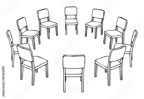 Simple line drawing of empty chairs arranged in a perfect circle ready for a group meeting, therapy session, or community gathering.