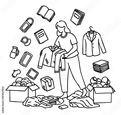 Individual managing possessions and packing boxes with clothing and books, perfect for content related to home organization, moving logistics, and charity initiatives.