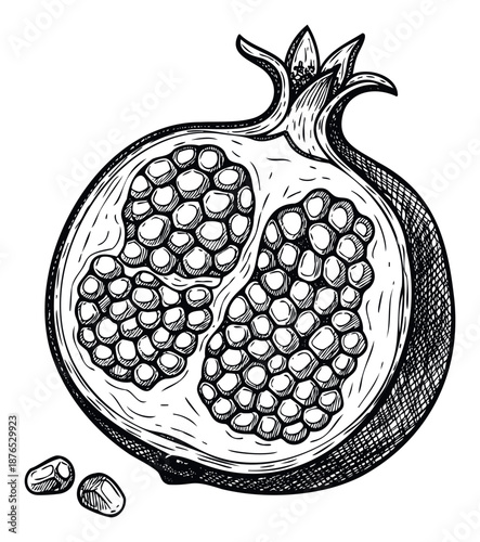 Delicious pomegranate fruit cut open showing juicy arils and crown top perfect for healthy eating blogs, grocery store promotions, or cooking recipe books