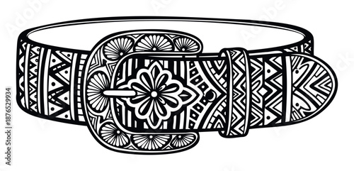 Decorative belt featuring intricate tribal geometric and floral motifs, ideal for fashion apparel accessories, textile prints, or a striking graphic design element.