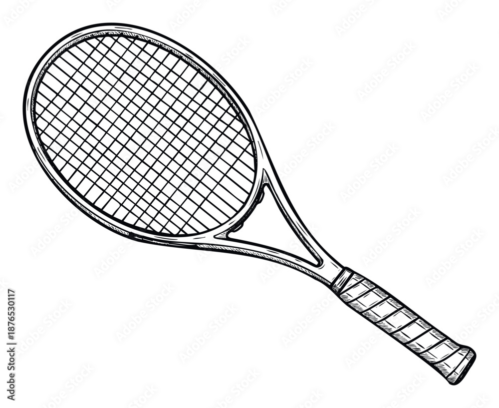 Fototapeta premium Detailed hand drawn tennis racket graphic with textured grip for professional sports themed posters, active lifestyle merchandise, and athletic equipment promotions.