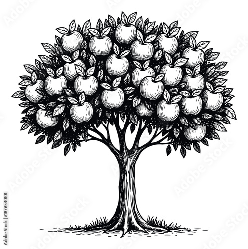 A timeless woodcut style depiction of a bountiful apple tree laden with ripe fruit and lush foliage, perfect for organic food branding, farmers market posters, or natural product packaging.