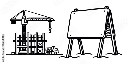 Illustrative representation of a construction site featuring a tower crane, an incomplete building, and a dump truck, alongside a blank flip chart ideal for project updates and urban