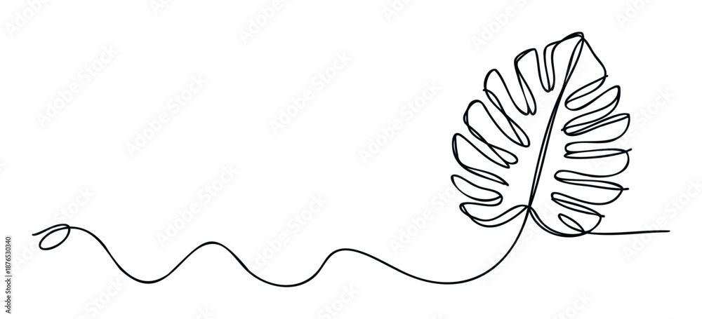 Naklejka premium Continuous line drawing of a tropical monstera leaf connected by a fluid wavy stroke, perfect for modern minimalist botanical concepts, natural decor, and abstract plant themes.