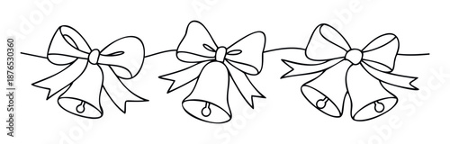 Minimalist line drawing of three festive bells adorned with elegant bows, forming a decorative garland ideal for seasonal graphic projects, celebratory event invitations, or festive winter