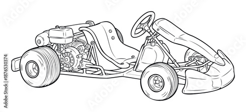 A detailed gokart outline drawing showcasing its engine, frame, wheels, and steering system, perfect for technical diagrams, racing sport graphics, and automotive hobby publications