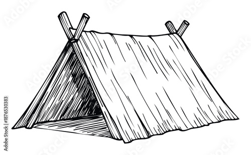 Hand drawn sketch of a rustic hut or shelter made from natural materials, perfect for projects related to primitive living, survival, or historical themes.