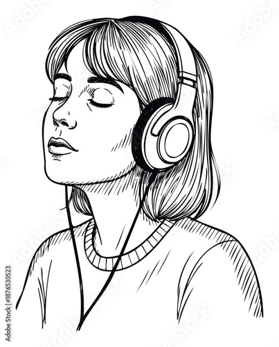Young woman with closed eyes enjoying music through headphones, perfect for wellness and relaxation content or musicrelated promotions