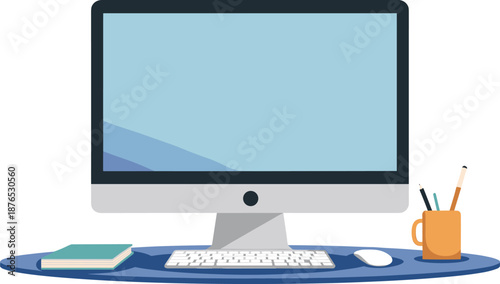 Minimalist Desktop Workspace Vector with Monitor and Tools. Modern Computer Desk Setup Illustration for Productivity Themes.