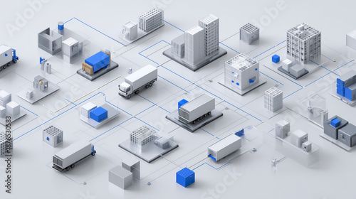 Abstract and structured supply chain management concept visual, showcasing an interconnected logistics network with 3D isometric building and vehicle icons on a clean white background