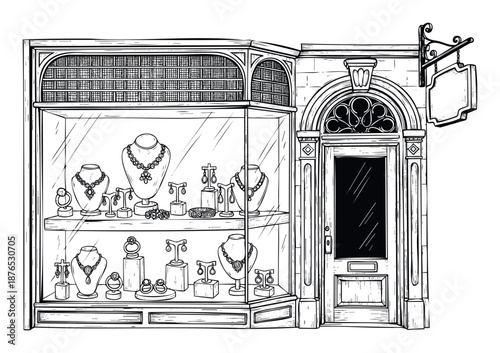 Elegant jewelry store facade featuring a captivating display window filled with luxurious necklaces earrings and rings perfect for retail business promotions or highend brand advertising