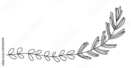 A graceful monochrome line drawing of a curving botanical branch with minimalist leaves perfect for natural themed invitations or simple decorative accents on various digital and print