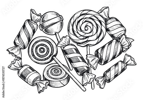 Delightful collection of hand drawn candies and lollipops in a classic engraving style perfect for food packaging, confectionery branding, and sweet shop menus