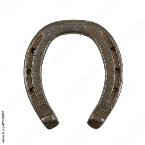 Single, heavy wrought iron horseshoe displaying deep, rustic patina and nail holes, sharply isolated against a transparent studio background in an overhead macro shot. Concept of luck and good fortune
