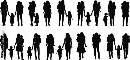 Mother and child silhouette collection showing moms holding kids hands walking together isolated on white background ideal for family parenting motherhood care concepts