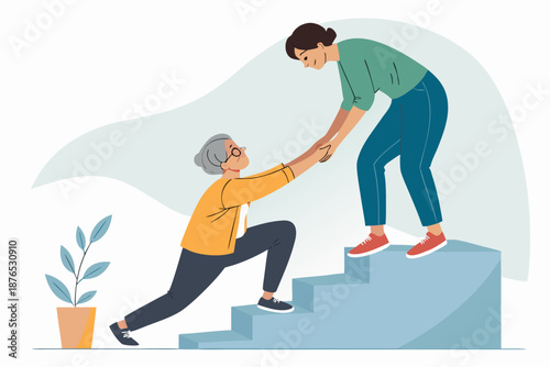One person helps another up stairs flat vector illustration depicts mutual assistance support teamwork and overcoming obstacles in a minimalist contemporary style with a light