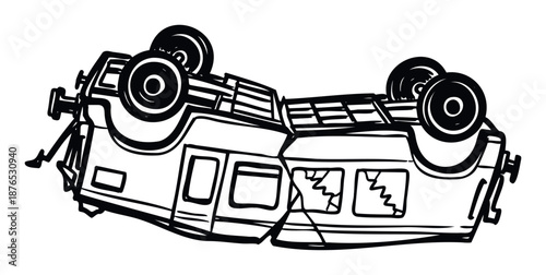 Black and white sketchy drawing of a derailed passenger train car lying on its side, depicting a transportation accident, useful for safety awareness materials and disaster related