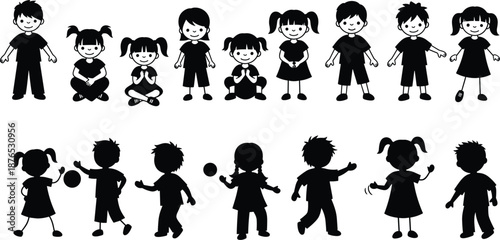 Cute kids silhouette collection showing happy boys and girls standing sitting and playing poses isolated on white background for education childhood design concepts