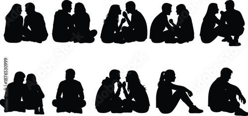 Romantic couple silhouette set showing seated poses of conversation affection intimacy and separation isolated on white background ideal for relationship concepts storytelling design