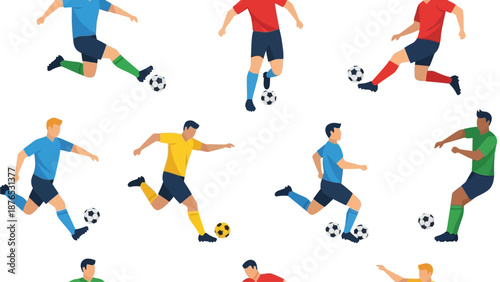 Modern seamless vector pattern featuring multiple soccer players in energetic movement poses