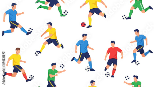 Modern seamless vector pattern featuring multiple soccer players in energetic movement poses