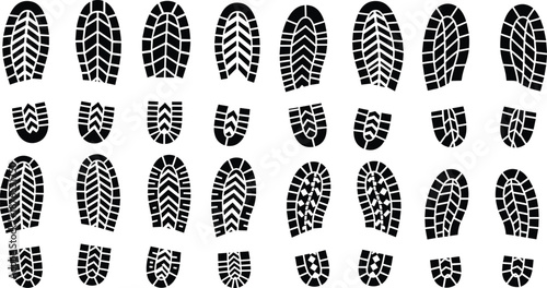 Set of black shoe and boot sole tread silhouettes showing different footprint patterns isolated on white background, footwear traction textures for crime scene, hiking, and design concepts
