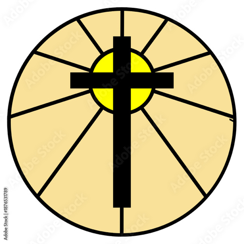 Christian cross icon with yellow sun rays inside a circular stained glass design. Minimalist religious symbol for faith and hope