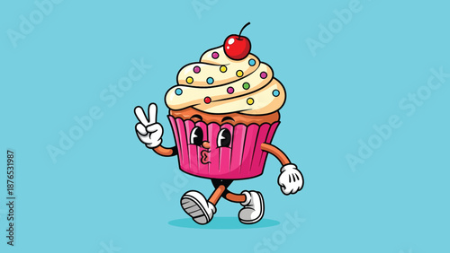 Cute Cartoon Cupcake Character Walking with Peace Sign.