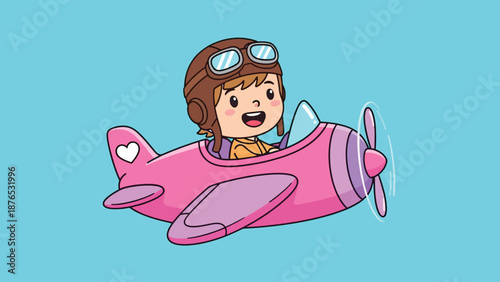 Cute Cartoon Pilot Girl Flying Pink Airplane.
