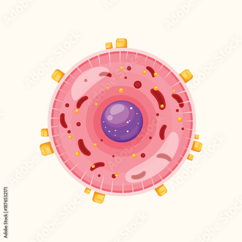 A detailed flat illustration of a virus cell structure with vibrant colors, suitable for medical, health, biology, and scientific educational concepts.