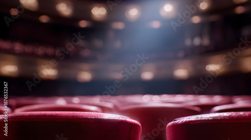 drama. Empty theater with red velvet seats under atmospheric glow, evoking a sense of anticipation. event programs, museum guides, designed for cultural heritage projects and event programs.