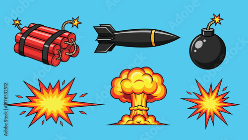 Explosives and Explosions Cartoon Set.
