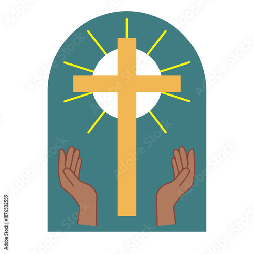 Golden cross with radiant light and reaching hands in prayer. Arched background representing a church window or sanctuary.